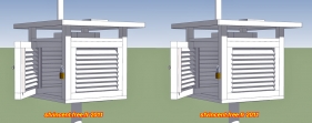 Abri météo à doubles persiennes et double toit.<br>Image stéréoscopique du modèle GoogleSketchup (mode parallèle).
