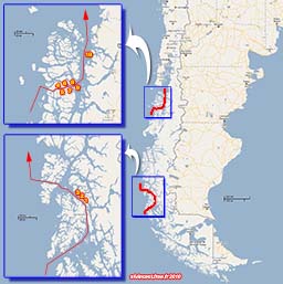 Croisière dans les fjords chiliens.<br>Les clichés 1 à 3 ont été pris dans le canal Esteban, près de la Isla Hannover.<br>Les clichés 4 à 9 ont été pris dans le canal Ninualac.<br>Le cliché 10 a été pris dans le canal Moraleda.