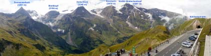 Panorama depuis le Fuschertrl.<br>Tout à droite, l'<i>Edelweisshütte</i>.