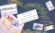 Photomontage souvenir de notre croisière 2008, à bord du <i>Costa Atlantica</i>.<br><font size=-1>Les lignes jaunes et vertes représentent le trajet parcouru: 1352 nautiques, soit 2500 km.<br>En tant qu'hôtes d'une suite, nous avons eu droit à un cocktail privé avec le Commandant Giancarlo Cha (prononcer <i>Ka</i>).<br>En bas à droite, la carte magnétique <i>Costa</i> qui ouvre la porte de la cabine, permet de régler ses achats à bord, ainsi que d'accéder au navire lors des escales.<br>En bas à gauche, le journal <i>Today</i>, distribué chaque jour, et donnant des informations sur les escales, les activités, la vie à bord.<br>A gauche, le plan du navire: avec 11 ponts, 292 mètres de long et 32 m de large, on a vite fait de se perdre !<br>Enfin à droite, Costa affrétant des vols Charters, il est possible d'accéder à la classe affaires à un tarif très raisonnable...</font>