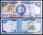 Billet de 100 dollars de Trinidad et Tobago (TT$ ou TTD).<br>Il faut 6 TTD pour obtenir 1 USD (United States dollar).<br>Notez la plateforme pétrolière sur le verso du billet.