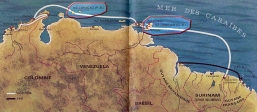 [no_rights] Parcours des deux évasions d'Henri Charrière (dit <i>Papillon</i>).<br>La première passe successivement par Trinidad et par Curaçao.