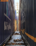 Cargo porte-conteneurs <i>Samskip Express</i>.<br>Enfilade de conteneurs, de la proue au château.<br>Au premier plan, des <i>twist locks</i> inutilisés.