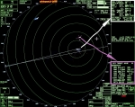 [no_rights] Ecran radar du porte-conteneurs <i>Samskip Express</i>.<br>Le navire est au centre des cercles concentriques.<br>Sur tribord, un navire 'cible' (<i>Target</i>), repéré par la lettre 'A'.<br>A droite de l'écran, les informations le concernant:<br>il se nomme <i>Eendracht</i>, se trouve à 1.419 nautiques et avance à 15.8 noeuds, cap au 256.