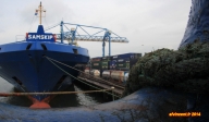 [no_rights] <i>Beatrix Haven</i>, port de Rotterdam.<br>Le <i>Samskip Courier</i>, vu à travers un dalot du <i>Samskip Express</i>.