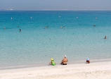 <i>Jumeirah Beach</i>, une plage près de Dubai.<br>L'eau du Golfe persique est vraiment très chaude (plus de 30C), et les baigneurs préfèrent patauger plutôt que nager.<br><br>A l'horizon, <i>The Palm Jumeirah</i>, vaste complexe hôtelier en forme de palmier.