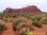 Monument Valley.<br>Les sommets des <i>mesas</i> (plateaux) sont couverts de végétation, difficilement visible d'en bas.