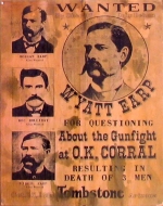 [no_rights] Avis de recherche des frères Earp et de Doc Hollyday:<br><i>pour être interrogés sur le règlement de comptes à OK Corral, ayant entraîné la mort de 3 hommes, à Tombstone, Arizona.</i>