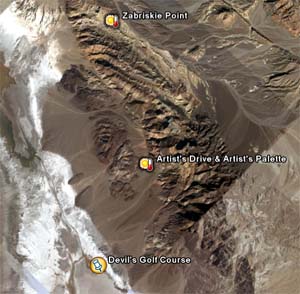 [no_rights] Image <i>Google Earth</i> de Death Valley, indiquant les emplacements des lieux décrits dans cette page.