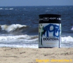 Plage de Venice Beach.<br>Le bidon porte une inscription incitant à préserver la propreté de la plage.<br>Mais comme c'est aussi un support publicitaire, c'est plutôt raté...