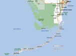 [no_rights] Carte de l'archipel des <i>Keys</i>, au sud de la Floride.<br>Les îles sont reliées par des ponts, et traversées par la route US 1, <i>Overseas Highway</i>.<br>165 km séparent Key Largo de Key West.<br>Au nord des Keys, le Parc national des Everglades.