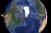 [no_rights] [no_rights] Géodésique entre Paris et Salt Lake city, vu avec Google Earth.<br>C'est le plus court chemin entre ces villes: plus de 8000 km.<br>Cette représentation est plus claire que celle obtenue avec un planisphère.